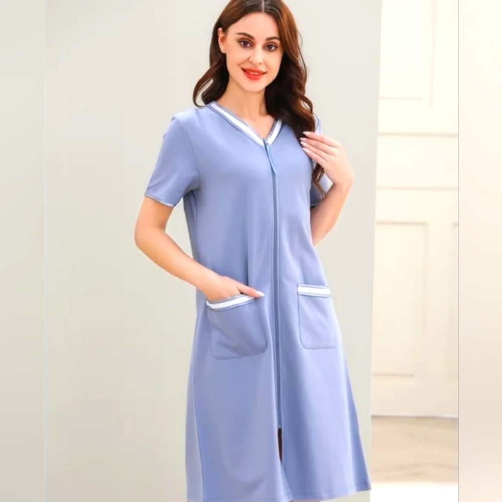 Richie House Women Zipper Robe Loungewear Short Sleeve Sleepwear Housecoat